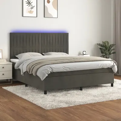 Gossi pat cu arcuri, saltea si led, gri inchis, 160x200 cm, catifea