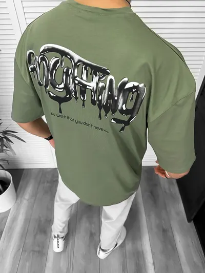 Tricou barbati kaki, cu imprimeu pe spate, oversize 11818 O5-6.1