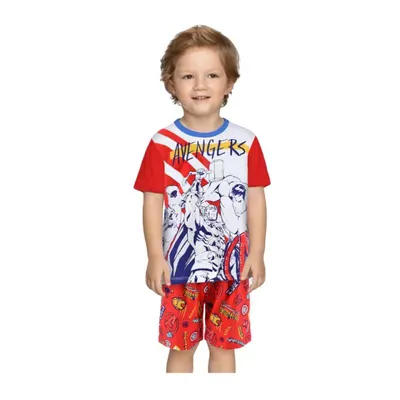 Pijama copii, cu maneca scurta, 100% bumbac, rosu, Avengers Engros