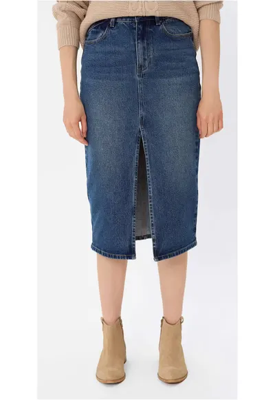 Fusta midi din denim cu slit frontal G-Vyen - Bleumarin - Bleumarin inchis