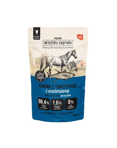 WIEJSKA ZAGRODA Superfoods Hrană umedă pentru pisici, carne de cal cu ton și valeriană 6x100 g
