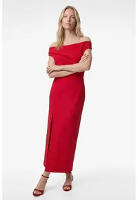 Rochie lunga cu croiala cambrata si model uni - Rosu vermillion