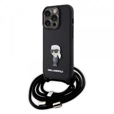 Husa pentru Apple iPhone 15 Pro, Karl Lagerfeld, Saffiano Crossbody Monogram Metal Pin Karl, Neagra