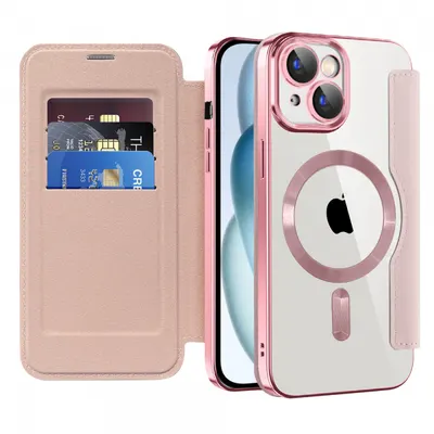 Husa MagSafe pentru Apple iPhone 15 Plus, Techsuit, SmartMag Book, Roz