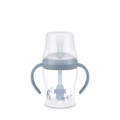 Cana Invatare cu Pai NUK Perfect Match 150 ml Control Temperatura Albastru Pinguin