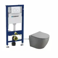 Set vas wc suspendat rimless Fluminia Alfonzo cu soft close, gri mat si rezervor incastrat Geberit cu clapeta alba Duofix Delta