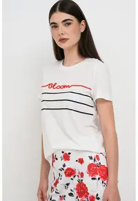Tricou din bumbac organic cu imprimeu text - Negru/Alb optic/Rosu aprins
