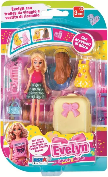 Păpușă mică RS Toys Evelyn Beauty Bloom - Cu valiză galbenă și accesorii