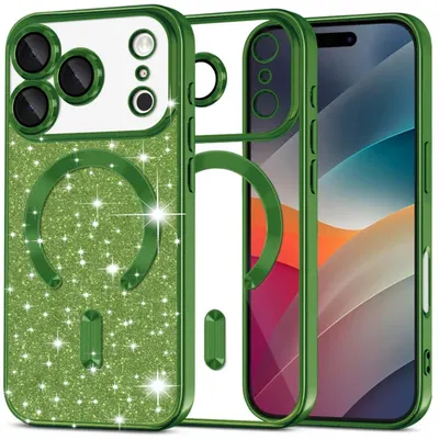 Husa Glitter Guard Magsafe, pentru iPhone 17 Pro, Antisoc, Sclipici si silicon, Verde Engros