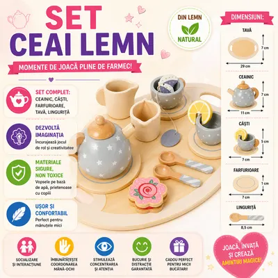 Set de ceai din lemn pentru copii cu accesorii, Montessori, 15 piese, Verde pastel
