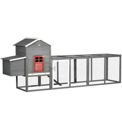 PawHut Adăpost pentru găini mare din lemn 300x66x116 cm cu cuib țarc tavă detașabilă acoperiș bituminos rampă gri | Aosom Romania