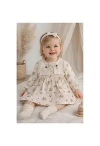 Rochie muselina fetita bej cu flori maro dantela stil vintage boho elegant
