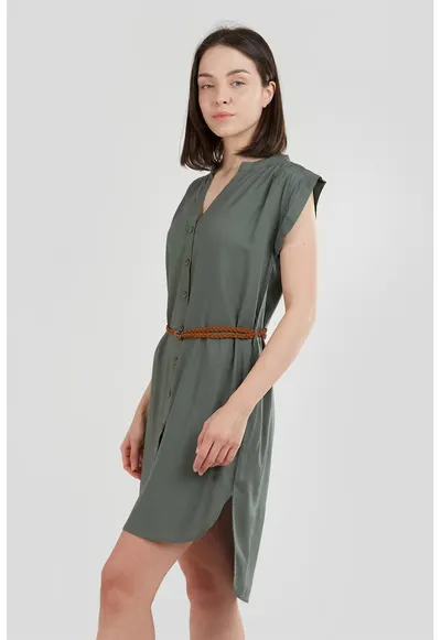 Rochie-tunica cu o curea in talie Mona - Maro scortisoara/Verde feriga