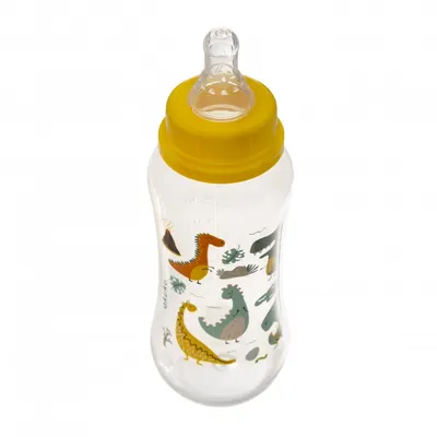 Biberon anticolici Akuku 250ml Friendly Dino cu tetina din silicon,materiale sigure fara BPA,capac cu filet etans care impiedica varsarea