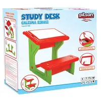 Masuta de studiu cu bancuta pentru copii Pilsan Study Desk Blue,din plastic rezistent,margini rotunjite,bancuta cu suport pentru picioare,spatiu de depozitare sub masuta si suprafata pe care se poate scrie
