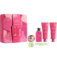 Set Cadou Relax&Unwind Sweet Vanilla Almond Glaze Crema Maini si Unghii 50ml + Crema pentru Corp 50ml + Gel de Dus 50ml + Bila de Baie 1buc + Cutie Metalica cu Print si Capac 1buc