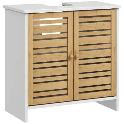 HOMCOM Birou sub vas de baie cu 2 usi etajera reglabila dulap de depozitare pentru chiuveta 60x30x60 cm bambus alb | Aosom Romania