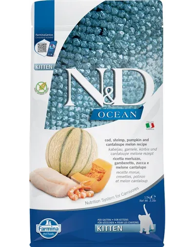 FARMINA N&D Ocean Hrana uscata pentru pisoi, pisici gestante si care alapteaza, cu cod, creveți, dovleac si pepene galben - 1,5 kg