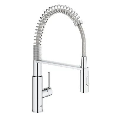 Baterie bucatarie Grohe Get 30361000, 3/8, monocomanda, pipa inalta, dus extractabil, cartus ceramic, pivotanta, anti-calcar, Argintiu