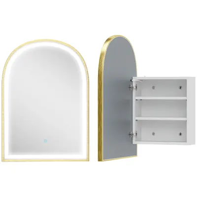 HOMCOM Dulap de perete pentru baie cu oglindă și iluminare LED, ușă arcuită, anti-abur, 50x14,5x70cm, auriu | Aosom Romania