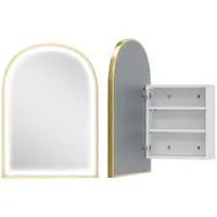 HOMCOM Dulap de perete pentru baie cu oglindă și iluminare LED, ușă arcuită, anti-abur, 50x14,5x70cm, auriu | Aosom Romania