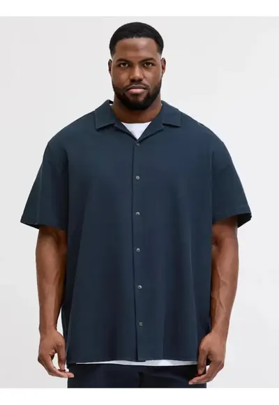 Plus Camasa Waffle - barbati big sizes - Resort Shirt - Albastru