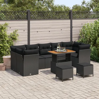 Set de canapea de gradina Gossi cu 10 piese si perne negru ratan poliester acacia, set de dining de gradina Gossi cu 3 piese si perne negru ratan poliester acacia
