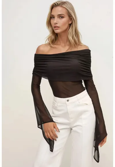 Bluza dama - guler Madonna - maneca lunga - jerseu - Negru - Negru