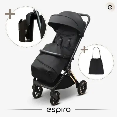 Carucior pentru copii Espiro Flame Classic beige 0-22 kg pliabil, cu suspensii, spatar reglabil, geanta, husa pentru picioare si suport pentru pahar