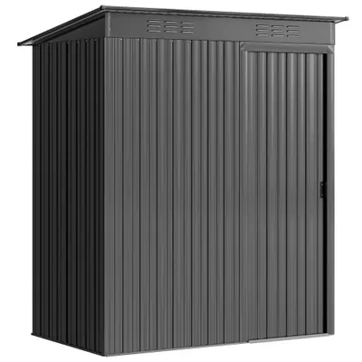 Outsunny Căsuță de Grădină 1.37m² din Metal, Montare Ușoară, Depozit pentru Unelte de Grădină cu Fante de Aer, Ușă Culisantă, Acoperiș Înclinat și Mănuși, 159x106x181 cm, Gri Închis | Aosom Romania