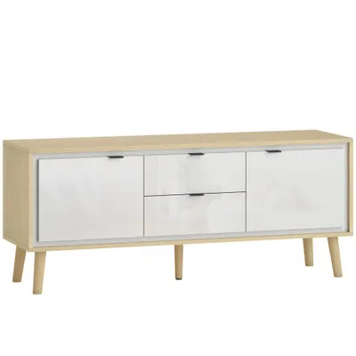 HOMCOM Dulap TV, pentru televizoare până la 140 cm, 2 uși lucioase, 2 sertare silențioase, 120 x 35 x 50 cm, alb | Aosom Romania