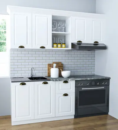 Set bucatarie SQUARE 180 cm, 3 corpuri, blat termorezistent, fronturi MDF, alb rustic