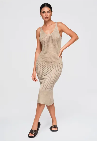 Rochie midi eleganta cu decolteu adanc si detalii OW-DLR-E0002 - Bej