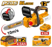 Motofierastrau INGCO CGSLI201262E, 20V, Brushless, lama 30cm / 12”, lant 3/8”, canal 1.1mm, viteza lant 10m/s, 45 zale, ungere automata, 2 acumulatori 4Ah si incarcator