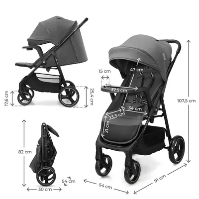Carucior pentru copii Kinderkraft Trig 3 Granite Grey cu tava inclusa, suspensii, greutate admisa 22 kg