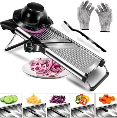 Razatoare Multifunctionala metalica tip mandolina, pentru Legume si Fructe, 5 Taieturi Diferite de la 3 mm la 9 mm Grosime, Lame Detasabile Inox
