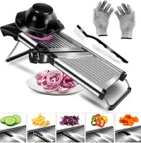 Razatoare Multifunctionala metalica tip mandolina, pentru Legume si Fructe, 5 Taieturi Diferite de la 3 mm la 9 mm Grosime, Lame Detasabile Inox