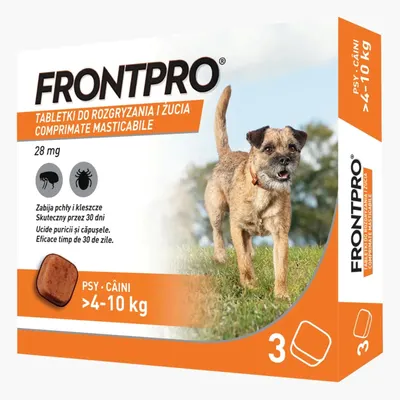 Antiparazitar caini impotriva puricilor si a capuselor, sub forma de comprimat, FrontPro M 28 mg, pentru caini intre 4-10 kg, 1 comprimat
