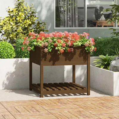 vidaXL Jardinieră cu raft, maro miere, 82,5x82,5x81 cm, lemn masiv pin
