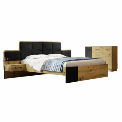 Set dormitor SNAKE, 2 piese, pat 160x200 cm cu noptiere si comoda, artisan + negru