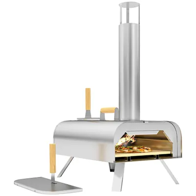 Outsunny Cuptor de Pizza cu Peleți din Lemn, Piatră Refractară și Lopată, 79x36x75 cm, Argintiu | Aosom Romania