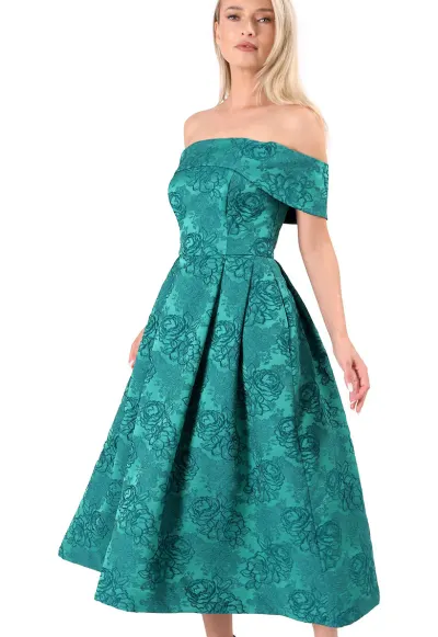 Rochie eleganta de seara cu umeri goi din brocart cu motive florale RVR-CBE - Verde