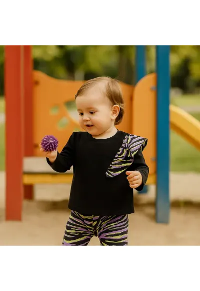 Bluza cu maneca lunga si detaliu volan - Zebra`s - Negru cu volan Roz - pentru fetite - Negru