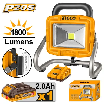 Proiector LED 20V 20W 1800 Lumeni cu Acumulator 2.0Ah si Incarcator CWLI20258 – lampa de lucru profesionala cu 2 moduri iluminare