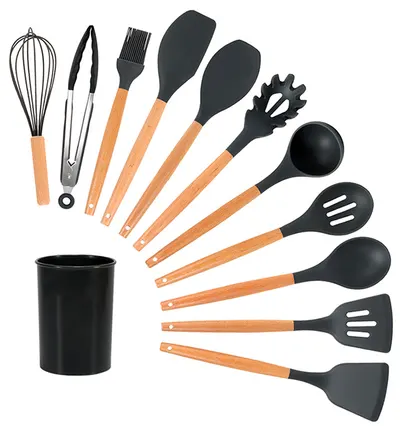 Set 12 Ustensile NEGRE antiaderente de Bucatarie din silicon cu maner de Bambus calitate PREMIUM