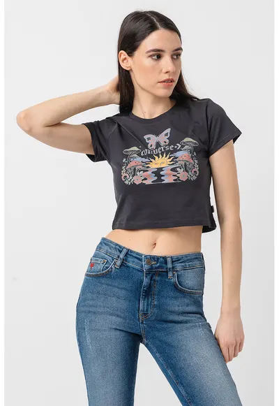Tricou crop cu imprimeu grafic Blooming Skate - Verde/Negru/Albastru