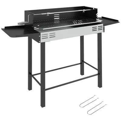 Outsunny BBQ Rotisserie Grill Charcoal Split Roaster for Chicken Turkey 3-Level Grill Grate, Storage Shelves, Stainless Steel | Aosom Romania