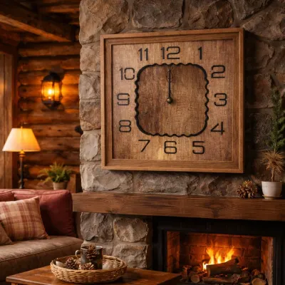 Ceas de perete rustic din lemn, cu design patrat, cifre vizibile si mecanism silentios, 33 cm