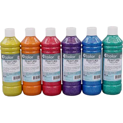 Guasa lavabila Glitter 6 x 500 ml, culori clasice cu sclipici