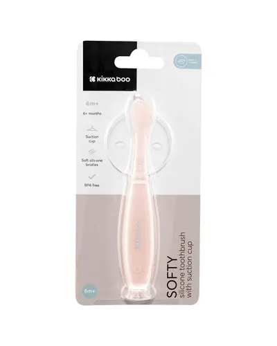 Periuta de dinti pentru bebelusi KikkaBoo Softy Pink din silicon,recomandata de la 6 luni, cu ventuza pentru fixare pe chiuveta,Fara BPA